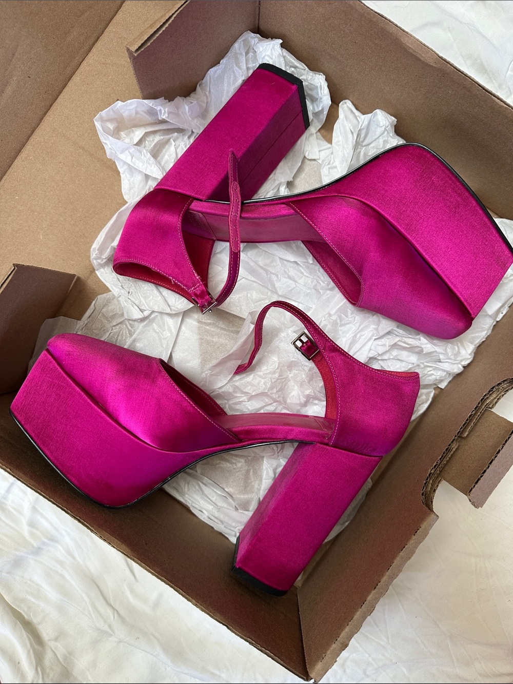 Jeffrey Campbell Ovr-n-Out platform satin heels pink